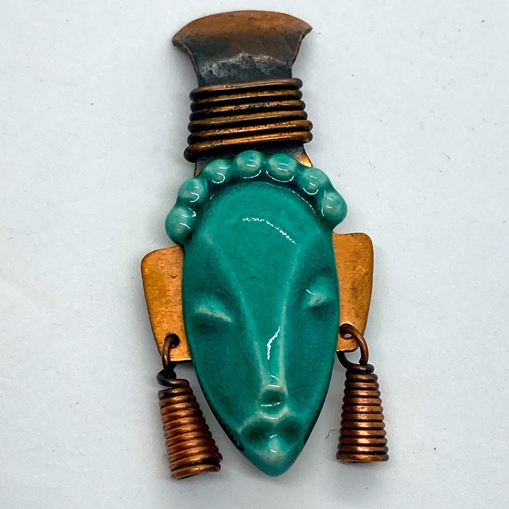 Vtg Elzac Art Deco 40s Copper & Green Glazed Ceramic Tribal Mask Pin Brooch 2.2”